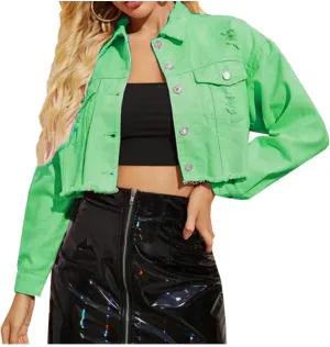 LifeShe Women Cropped Ripped Distressed Denim Jean Jacket Coat Fringe with Frayed Hem