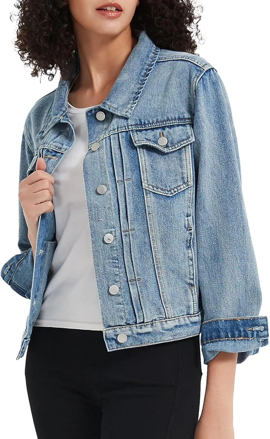 LifeShe Women's Basic Denim Jacket Button DownTrucker Jacket Slim Fit Jean Jacket Coat