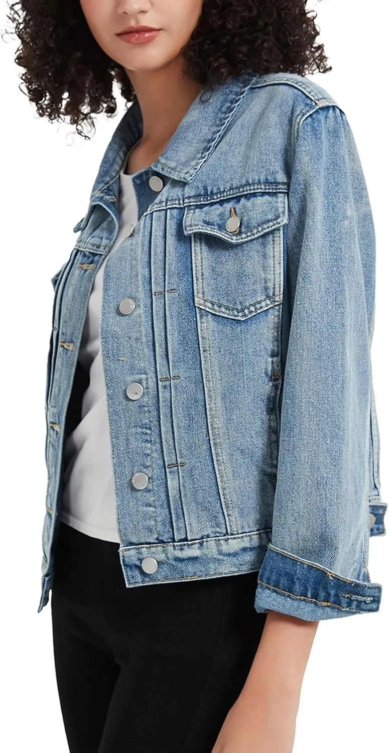 LifeShe Women's Basic Denim Jacket Button DownTrucker Jacket Slim Fit Jean Jacket Coat