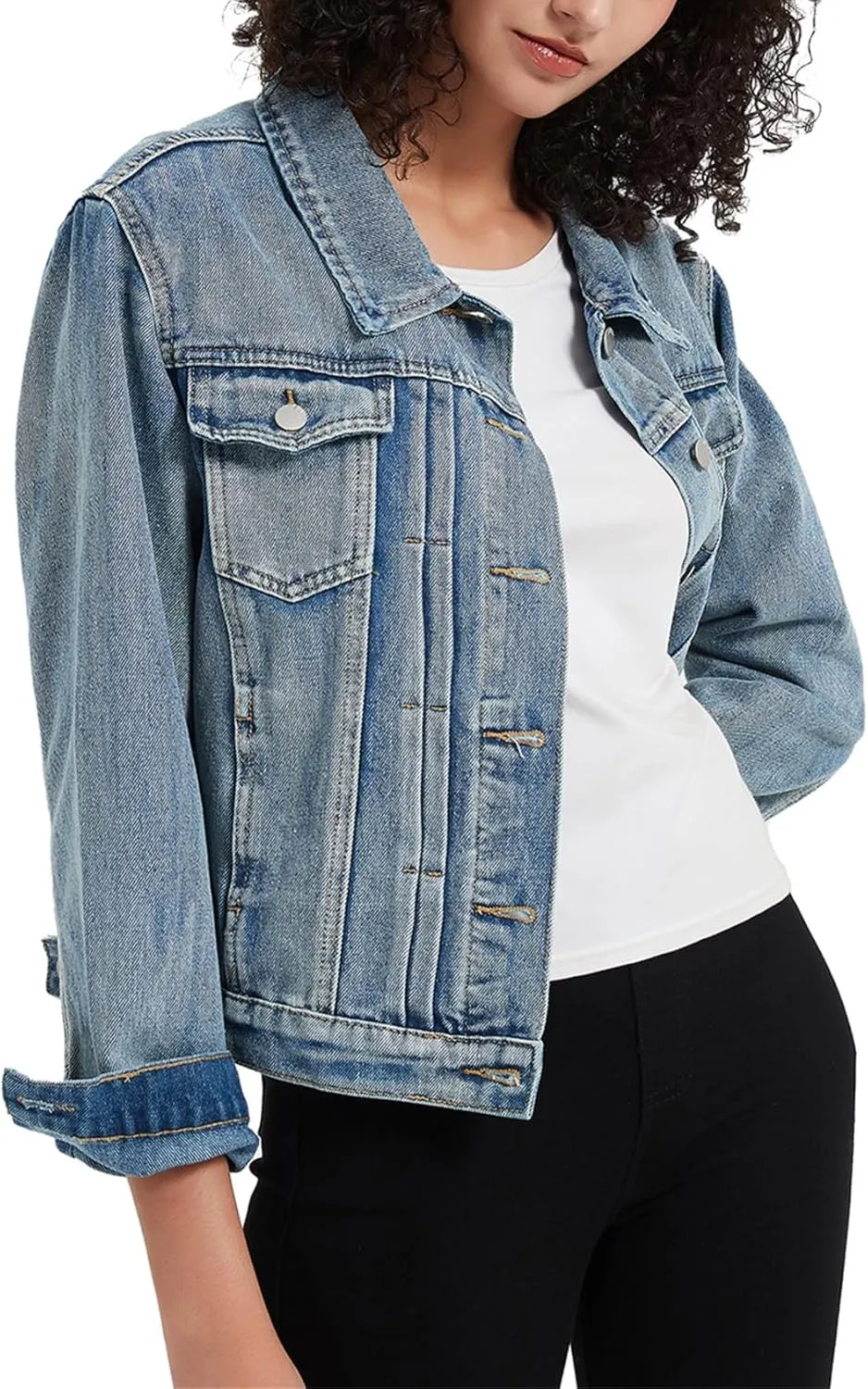 LifeShe Women's Basic Denim Jacket Button DownTrucker Jacket Slim Fit Jean Jacket Coat