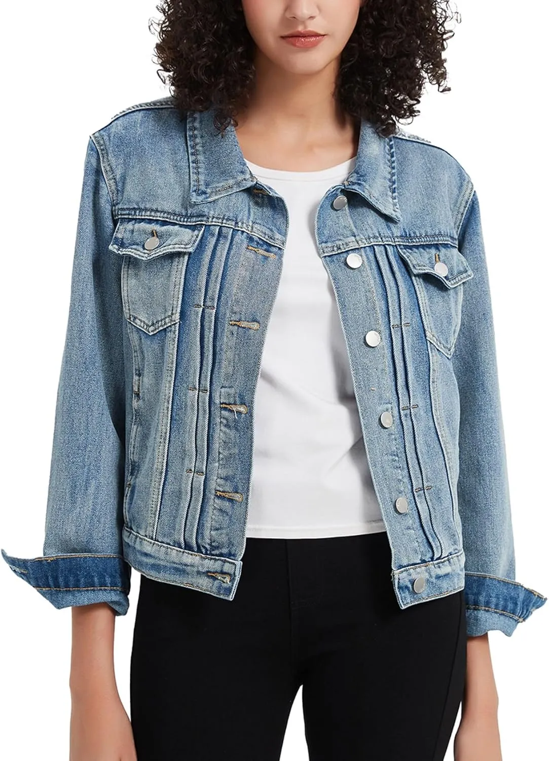 LifeShe Women's Basic Denim Jacket Button DownTrucker Jacket Slim Fit Jean Jacket Coat