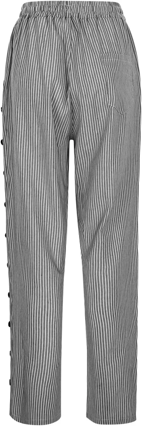 Linen Pants for Women 2025 Striped Drawstring Button Down Straight Wide Leg Trousers Casual Loose Baggy Ankle Pants