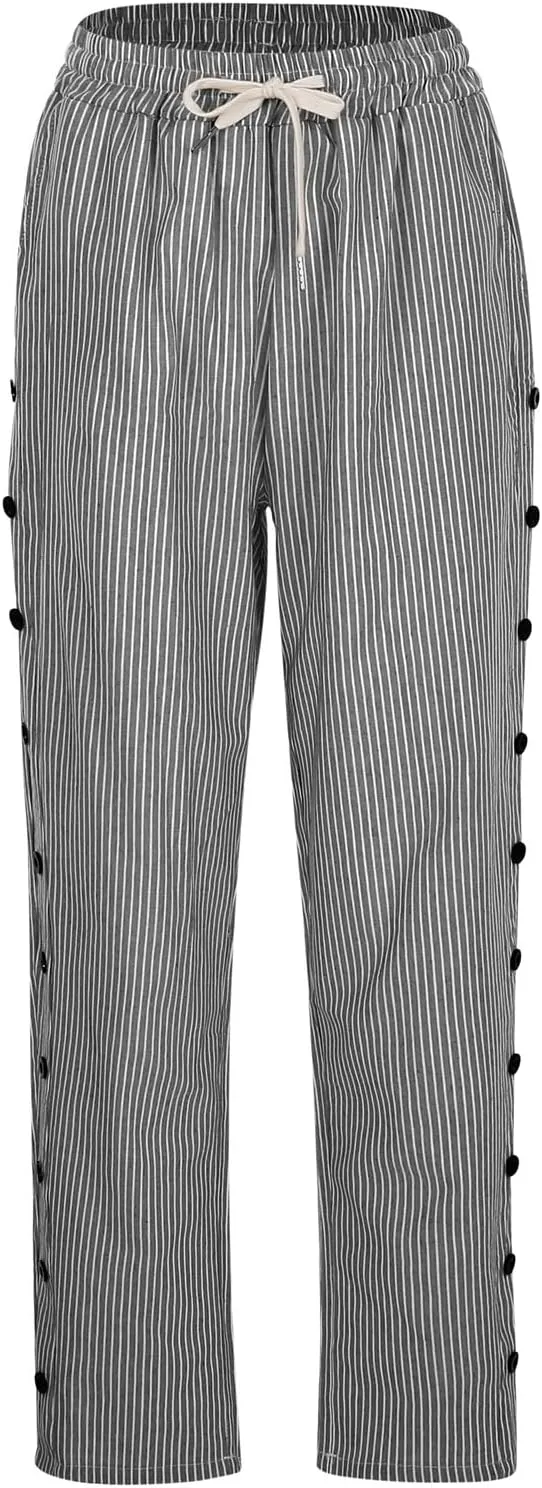 Linen Pants for Women 2025 Striped Drawstring Button Down Straight Wide Leg Trousers Casual Loose Baggy Ankle Pants