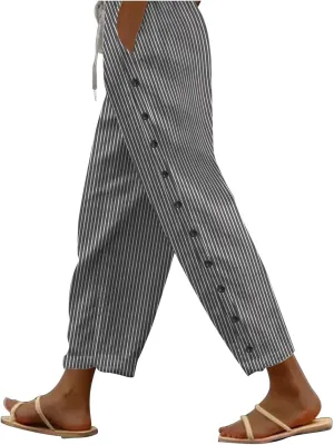 Linen Pants for Women 2025 Striped Drawstring Button Down Straight Wide Leg Trousers Casual Loose Baggy Ankle Pants
