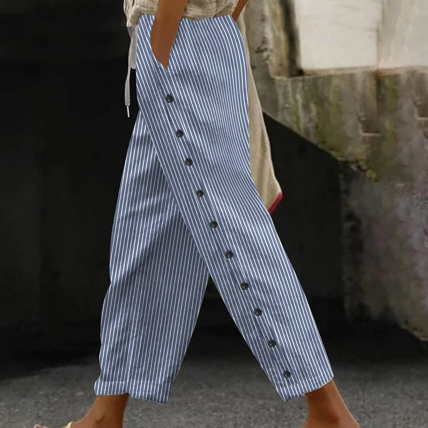 Linen Pants for Women 2025 Striped Drawstring Button Down Straight Wide Leg Trousers Casual Loose Baggy Ankle Pants