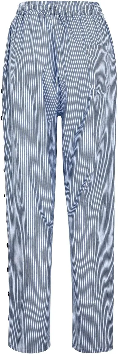 Linen Pants for Women 2025 Striped Drawstring Button Down Straight Wide Leg Trousers Casual Loose Baggy Ankle Pants
