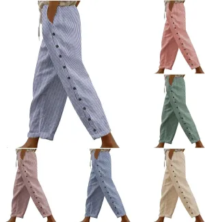 Linen Pants for Women 2025 Striped Drawstring Button Down Straight Wide Leg Trousers Casual Loose Baggy Ankle Pants