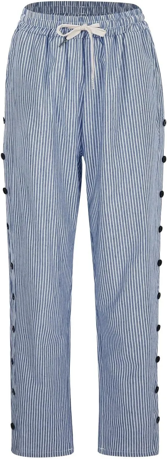 Linen Pants for Women 2025 Striped Drawstring Button Down Straight Wide Leg Trousers Casual Loose Baggy Ankle Pants