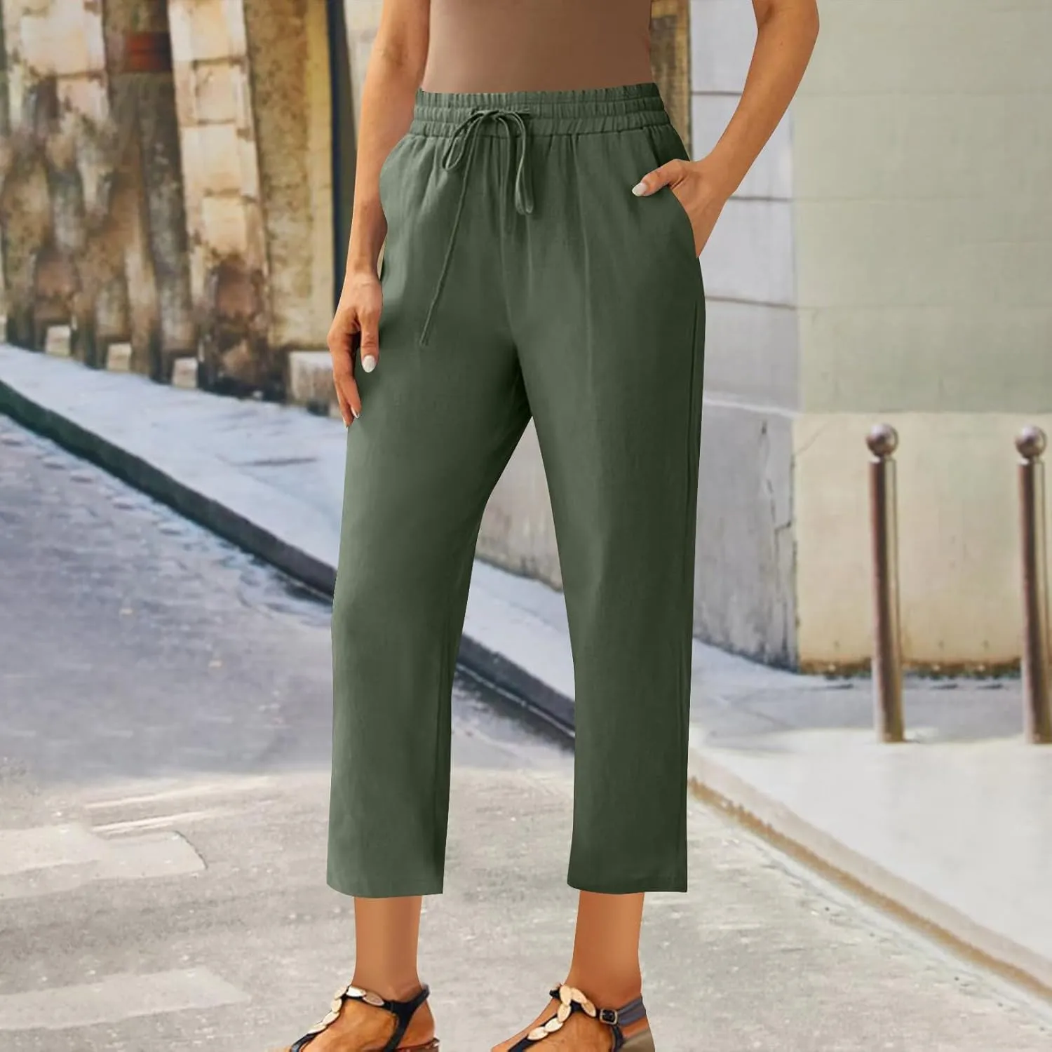 Linen Pants Women Drawstring Elastic High Waisted Capri Trousers Baggy Lightweight Summer Vacation Outfits