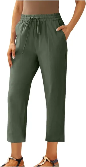 Linen Pants Women Drawstring Elastic High Waisted Capri Trousers Baggy Lightweight Summer Vacation Outfits