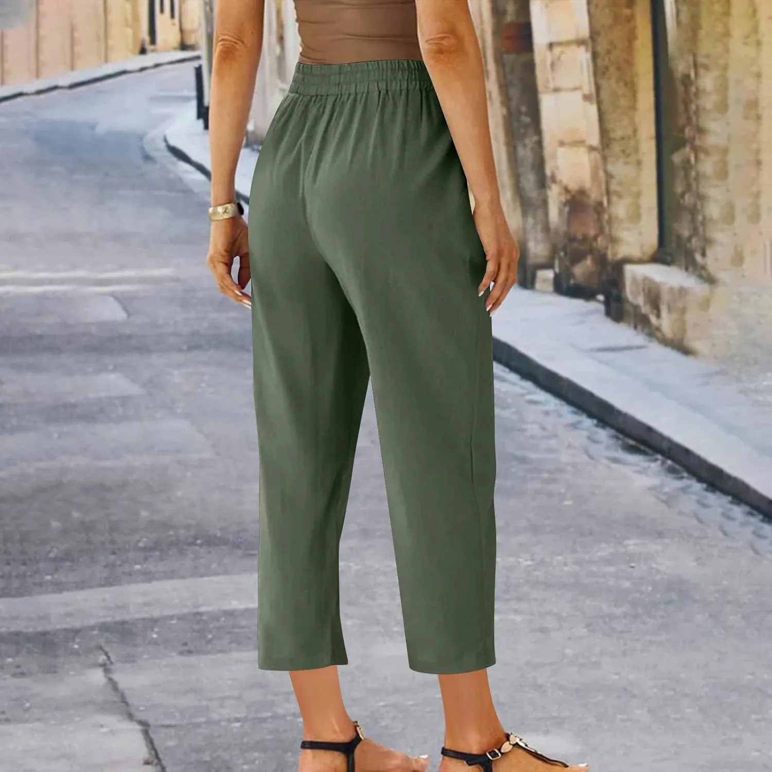 Linen Pants Women Drawstring Elastic High Waisted Capri Trousers Baggy Lightweight Summer Vacation Outfits
