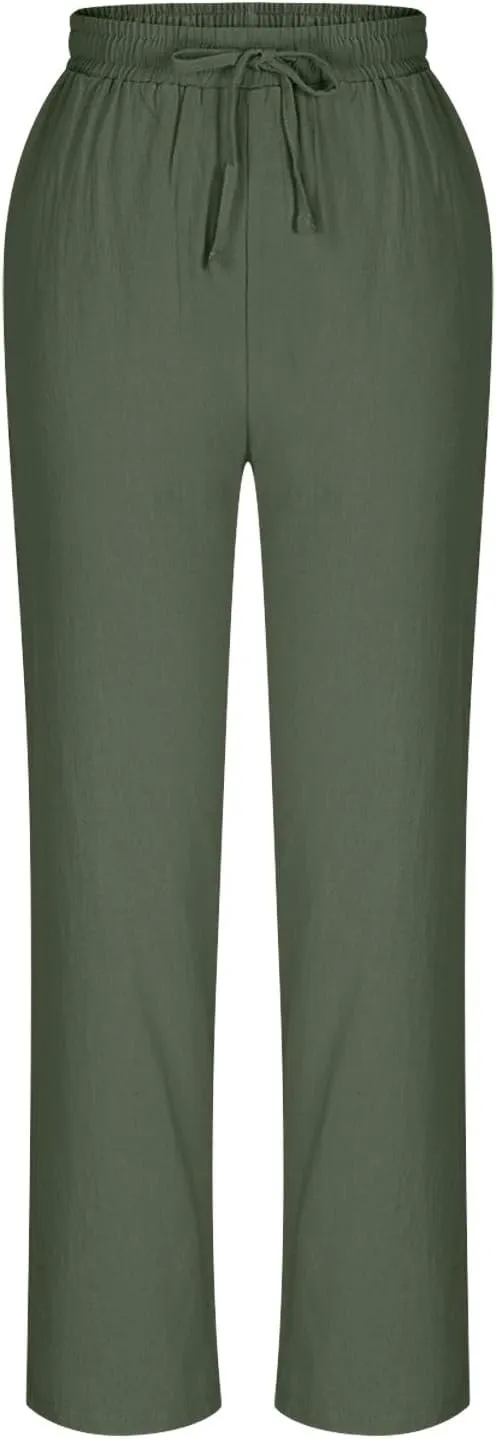 Linen Pants Women Drawstring Elastic High Waisted Capri Trousers Baggy Lightweight Summer Vacation Outfits