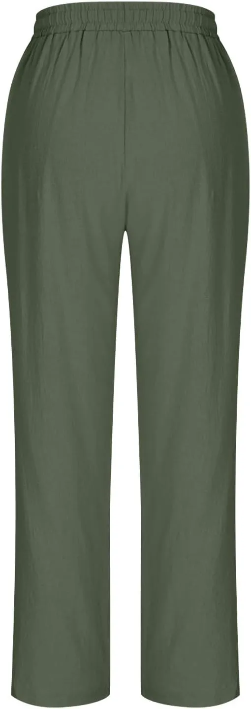 Linen Pants Women Drawstring Elastic High Waisted Capri Trousers Baggy Lightweight Summer Vacation Outfits