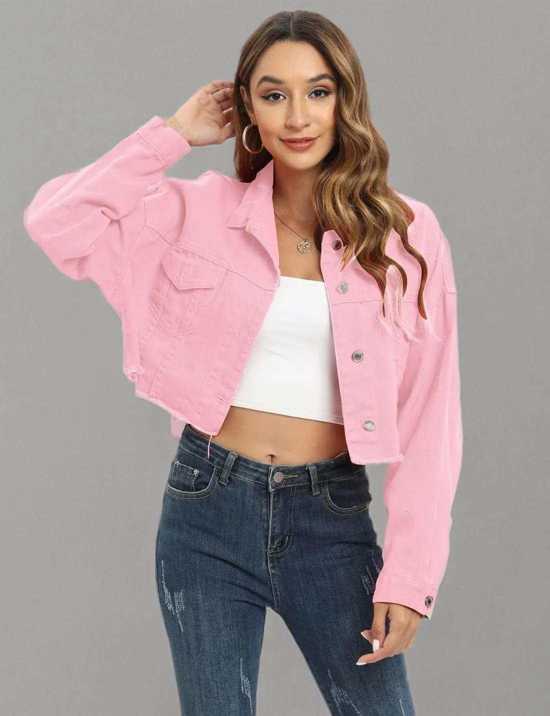 Locachy Women's Cropped Ripped Distressed Denim Jacket Casual Button Down Loose Jeans Coat Fringe with Frayed Hem