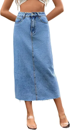 Long Denim Skirts for Women Maxi Paperbag High Waist Frayed Raw Hem A line Flare Jean Skirt with Pockets