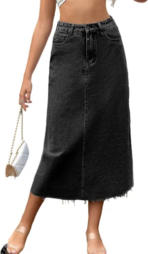 Long Denim Skirts for Women Maxi Paperbag High Waist Frayed Raw Hem A line Flare Jean Skirt with Pockets