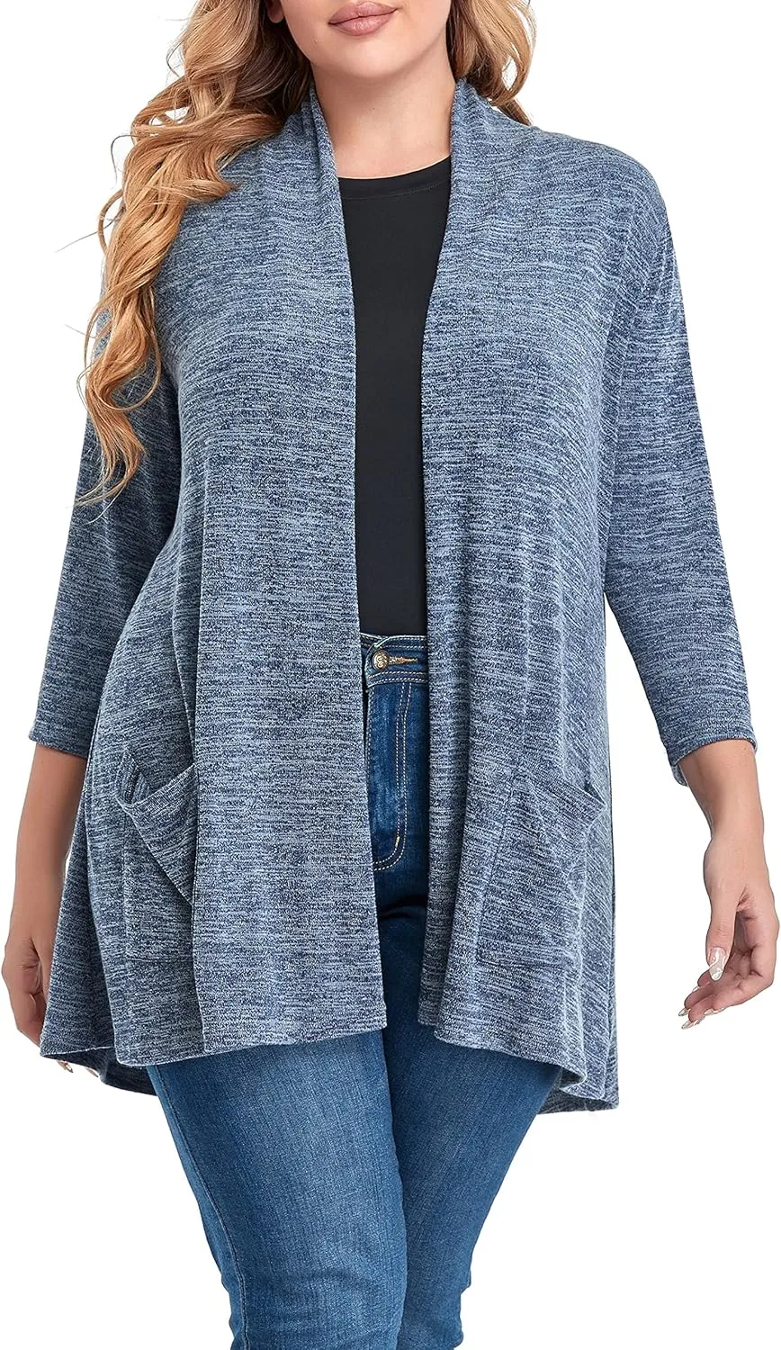 Long Plus Size Cardigans for Women Casual Open Front Tops with Pockets