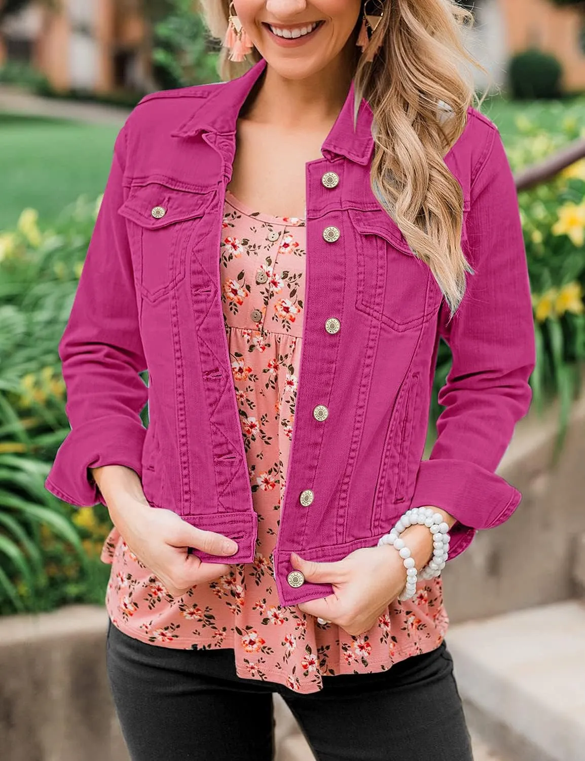 LookbookStore Women's Basic Long Sleeves Button Down Fitted Denim Jean Jackets