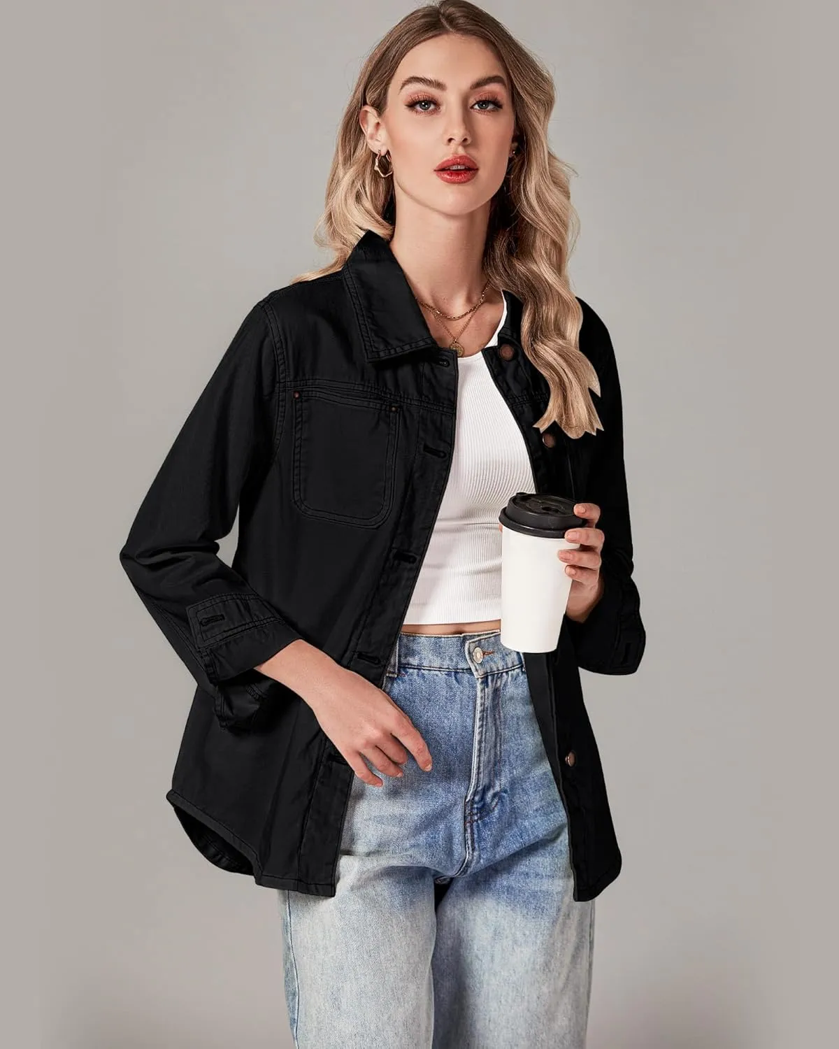 luvamia Denim Jackets for Women Trendy Long Sleeve Button Down Shirt Jacket Jean Shacket with Pocket Western Work Jacket