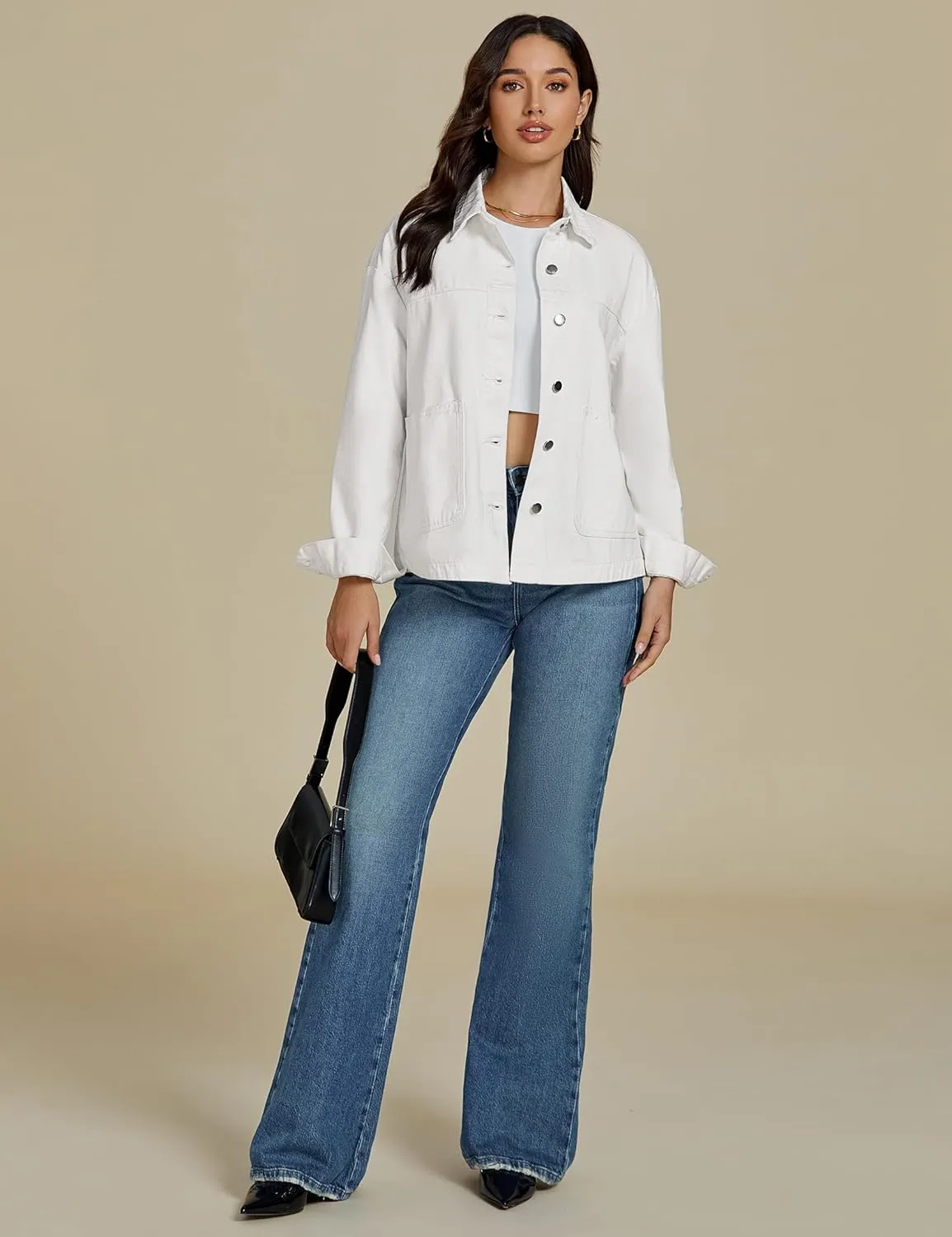 luvamia Denim Jackets for Women Trendy Oversized Long Sleeve Button Down Jean Jacket Casual Shacket with Patch Pockets