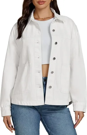 luvamia Denim Jackets for Women Trendy Oversized Long Sleeve Button Down Jean Jacket Casual Shacket with Patch Pockets