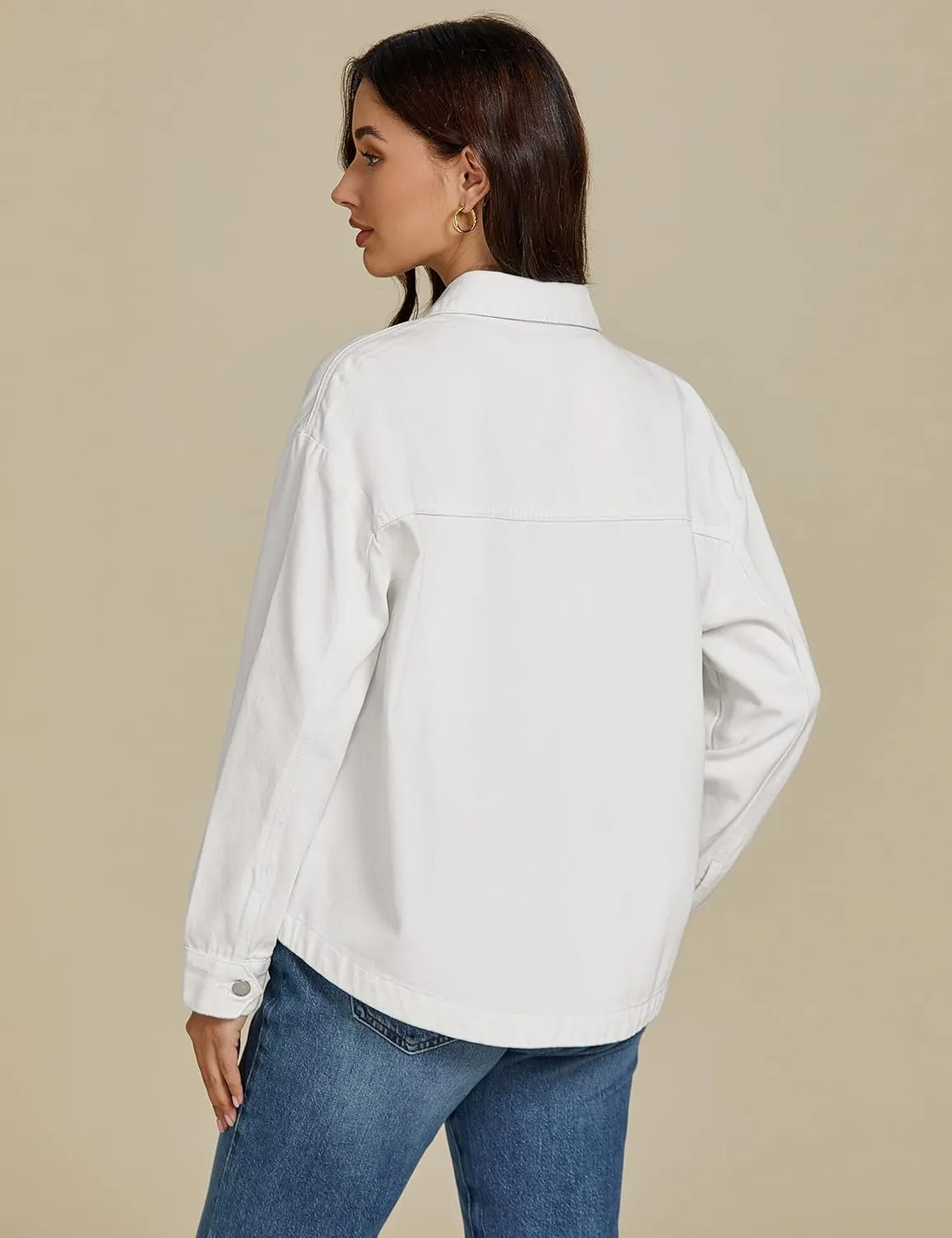 luvamia Denim Jackets for Women Trendy Oversized Long Sleeve Button Down Jean Jacket Casual Shacket with Patch Pockets