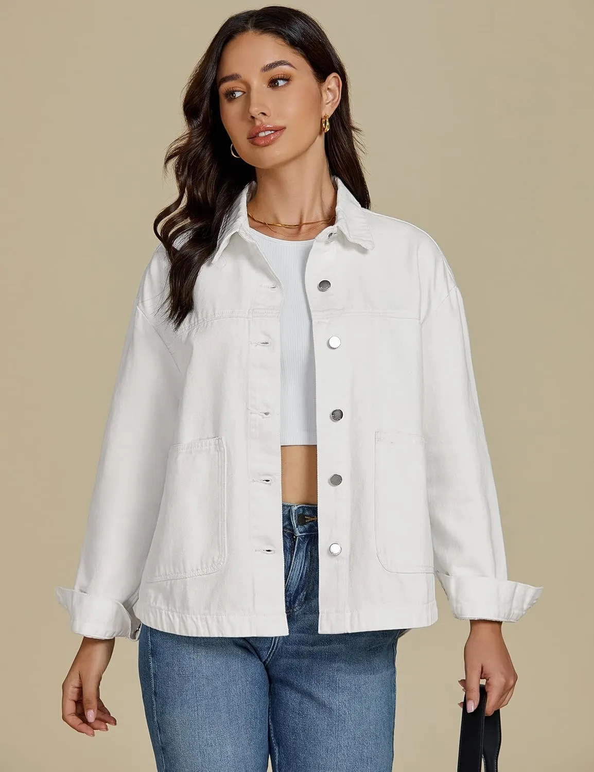 luvamia Denim Jackets for Women Trendy Oversized Long Sleeve Button Down Jean Jacket Casual Shacket with Patch Pockets