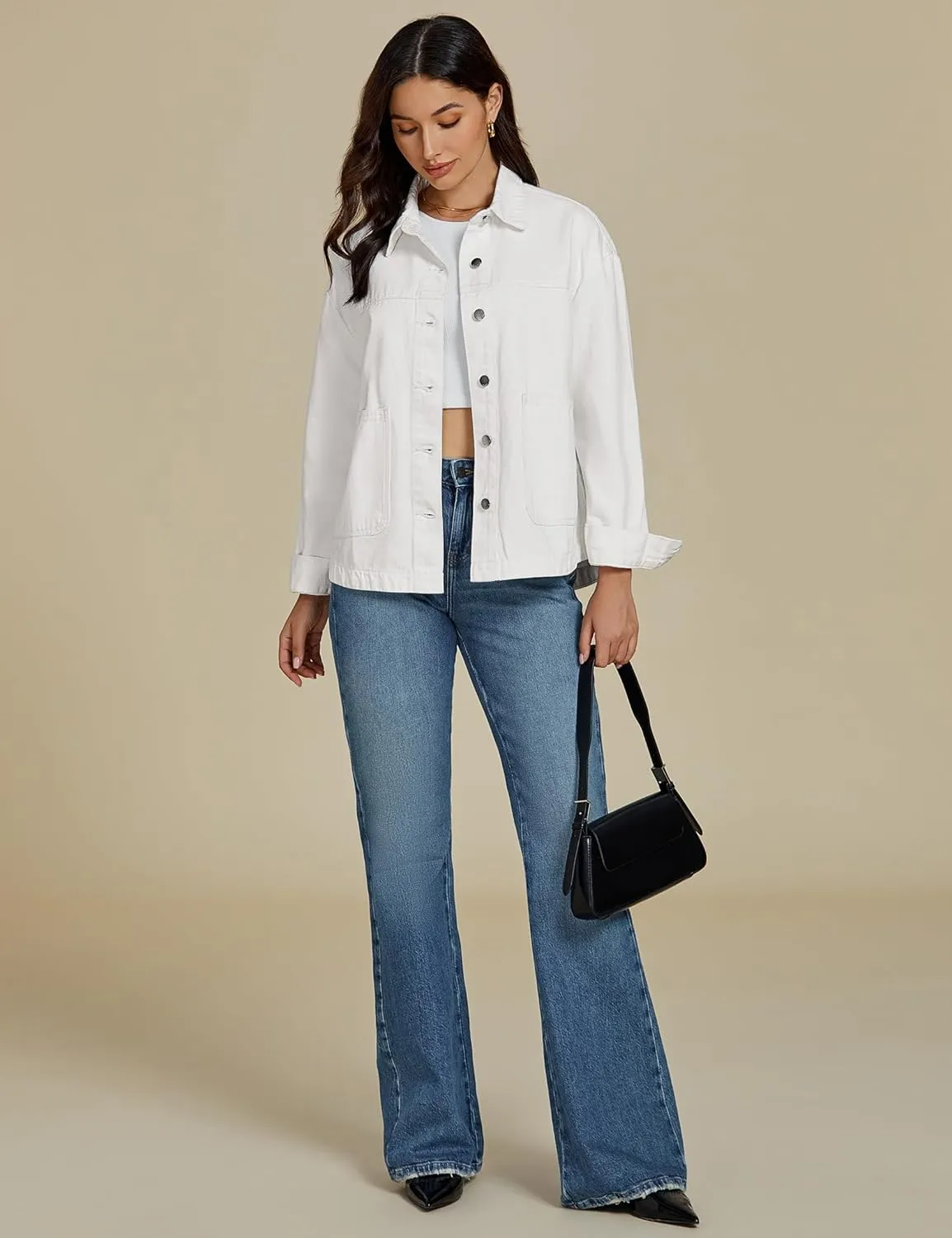 luvamia Denim Jackets for Women Trendy Oversized Long Sleeve Button Down Jean Jacket Casual Shacket with Patch Pockets