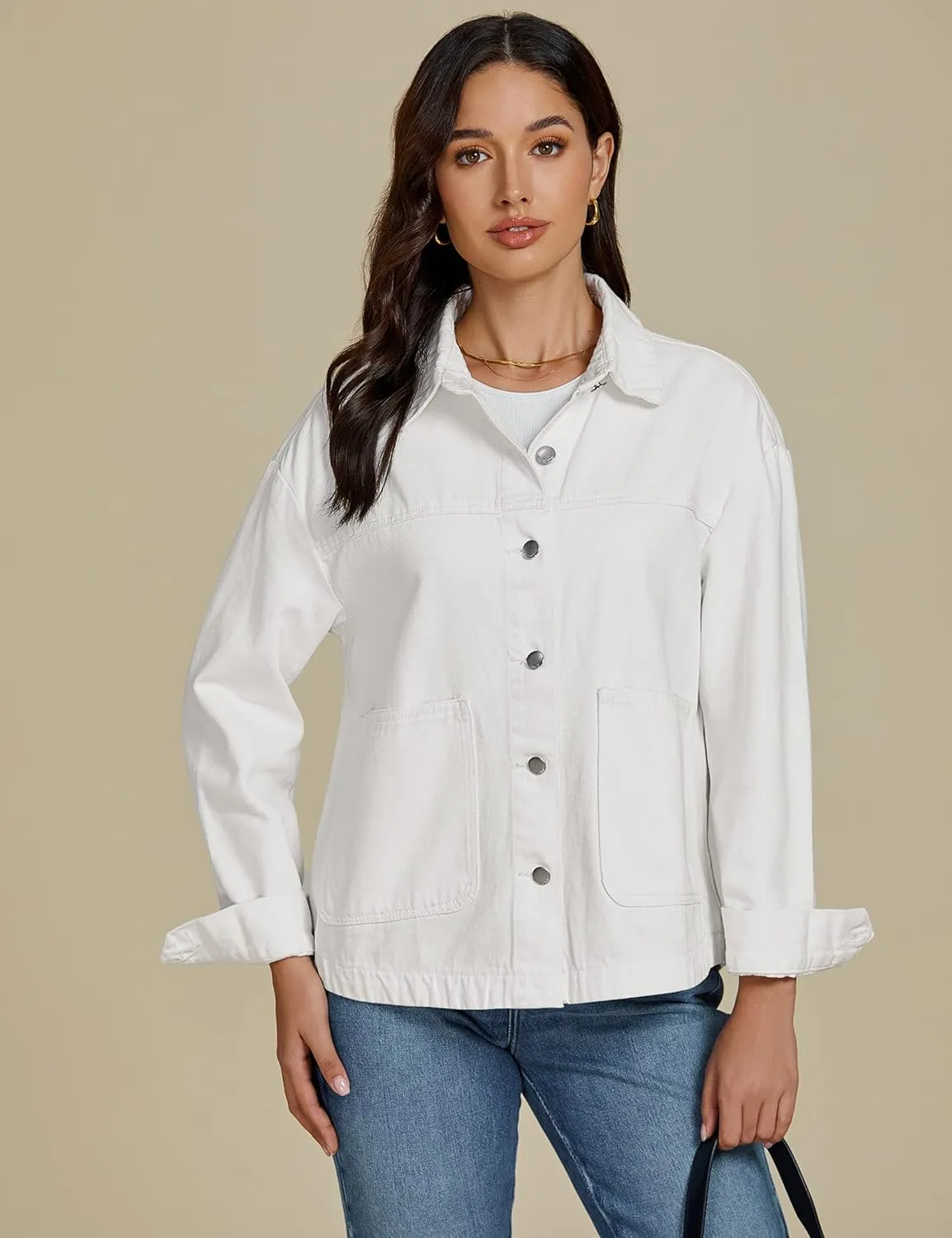 luvamia Denim Jackets for Women Trendy Oversized Long Sleeve Button Down Jean Jacket Casual Shacket with Patch Pockets