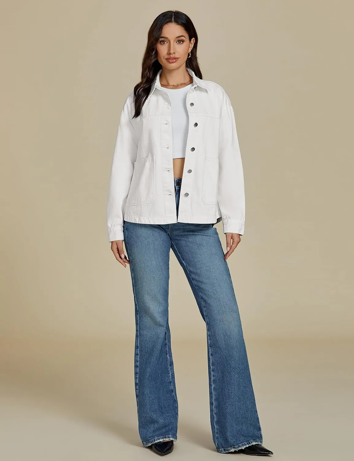 luvamia Denim Jackets for Women Trendy Oversized Long Sleeve Button Down Jean Jacket Casual Shacket with Patch Pockets