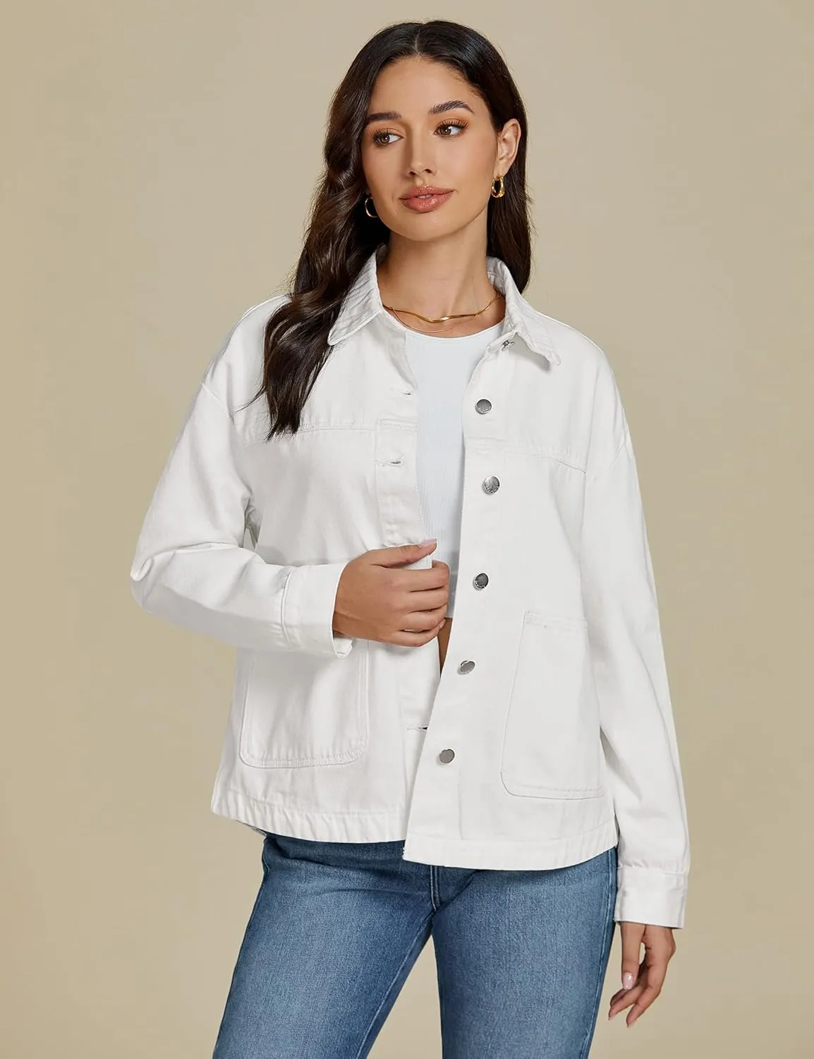 luvamia Denim Jackets for Women Trendy Oversized Long Sleeve Button Down Jean Jacket Casual Shacket with Patch Pockets
