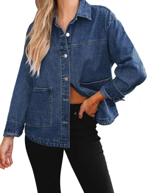 luvamia Denim Jackets for Women Trendy Oversized Long Sleeve Button Down Jean Jacket Casual Shacket with Patch Pockets