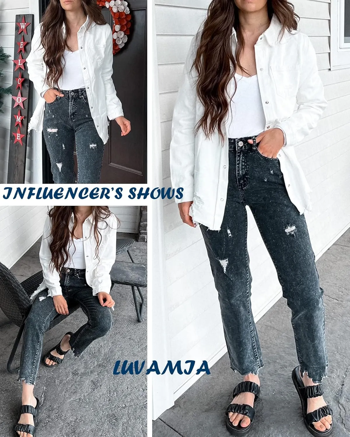 luvamia Womens Denim Jacket Distressed Button Down Jean Shirt For Women Ripped Shacket Coat