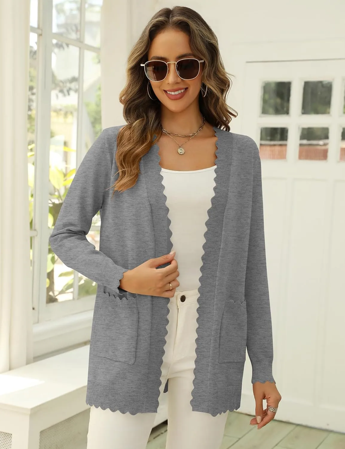 LUYAA Women's Fashion Cardigan Sweaters Lightweight Long Sleeve Open Front Long Cardigan V Neck Cozy Knit with Pocket