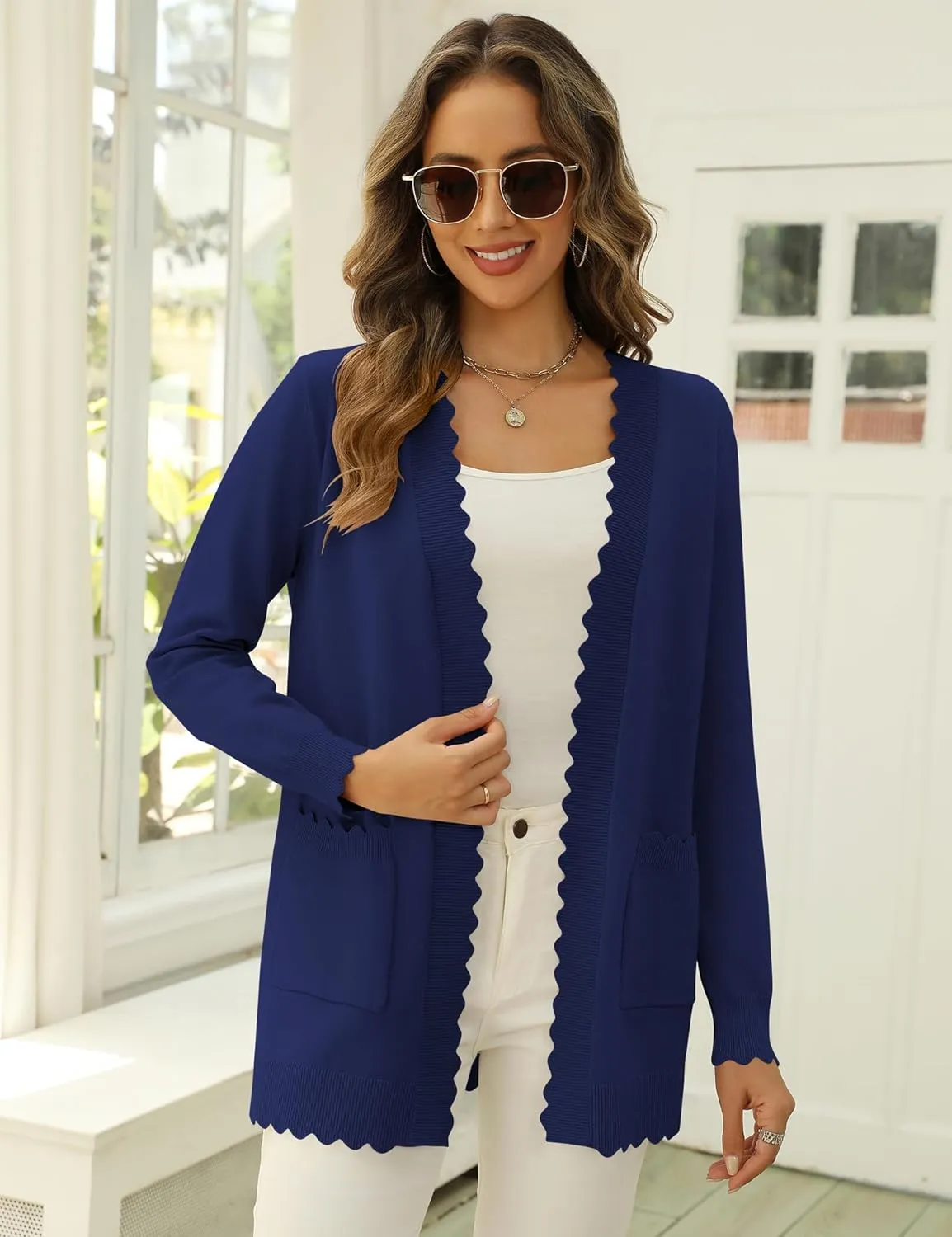 LUYAA Women's Fashion Cardigan Sweaters Lightweight Long Sleeve Open Front Long Cardigan V Neck Cozy Knit with Pocket