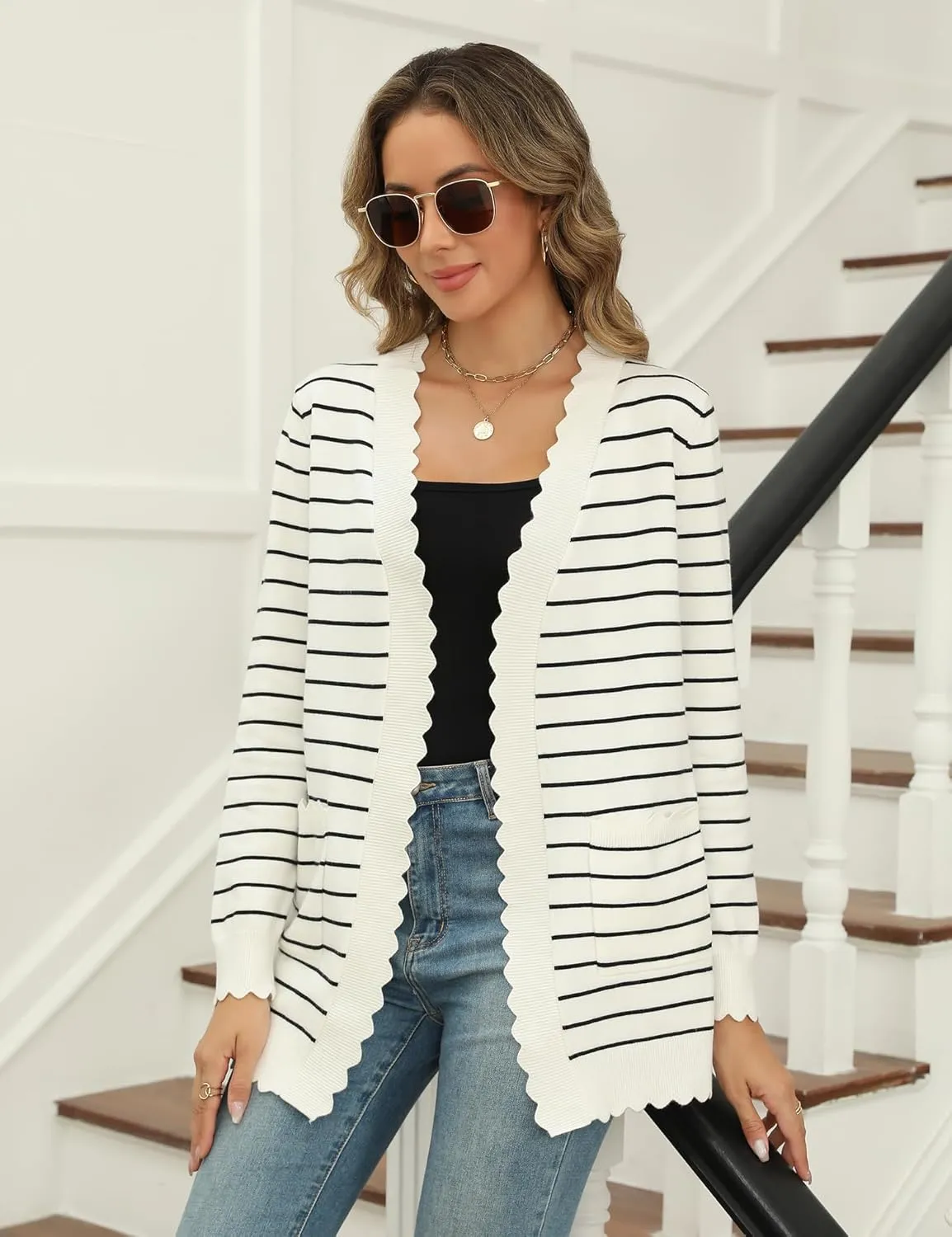 LUYAA Women's Fashion Cardigan Sweaters Lightweight Long Sleeve Open Front Long Cardigan V Neck Cozy Knit with Pocket