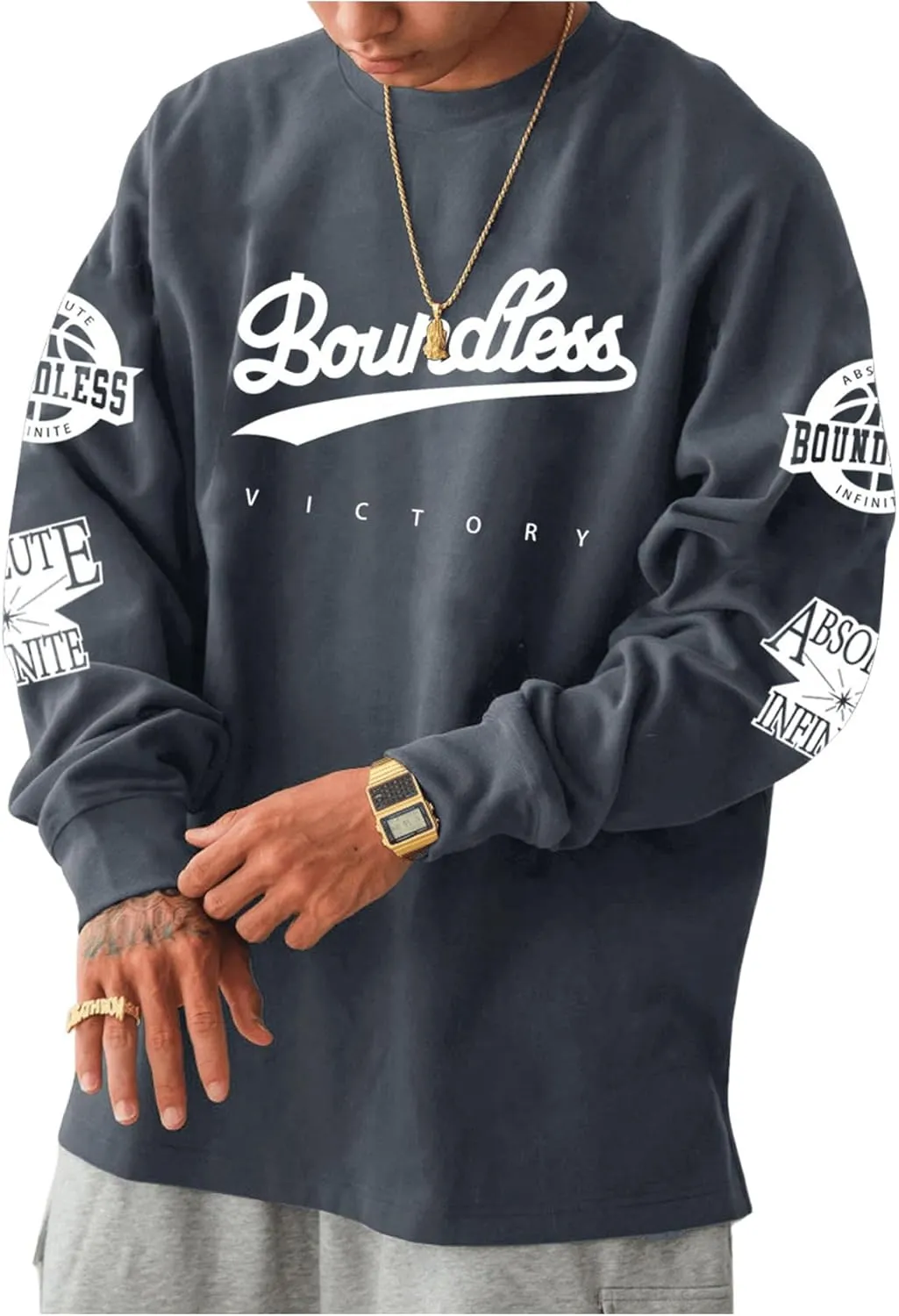 MakeMeChic Men's Graphic Tees Long Sleeve Oversized Crew Neck Y2k 90s Vintage Tee Shirts Streetwear