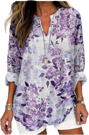 MARSVOVO V Neck Shirt For Women Boho Multi Style Blouse Long Sleeve Novelty Graphic Plus Size Pullover Tops For Women