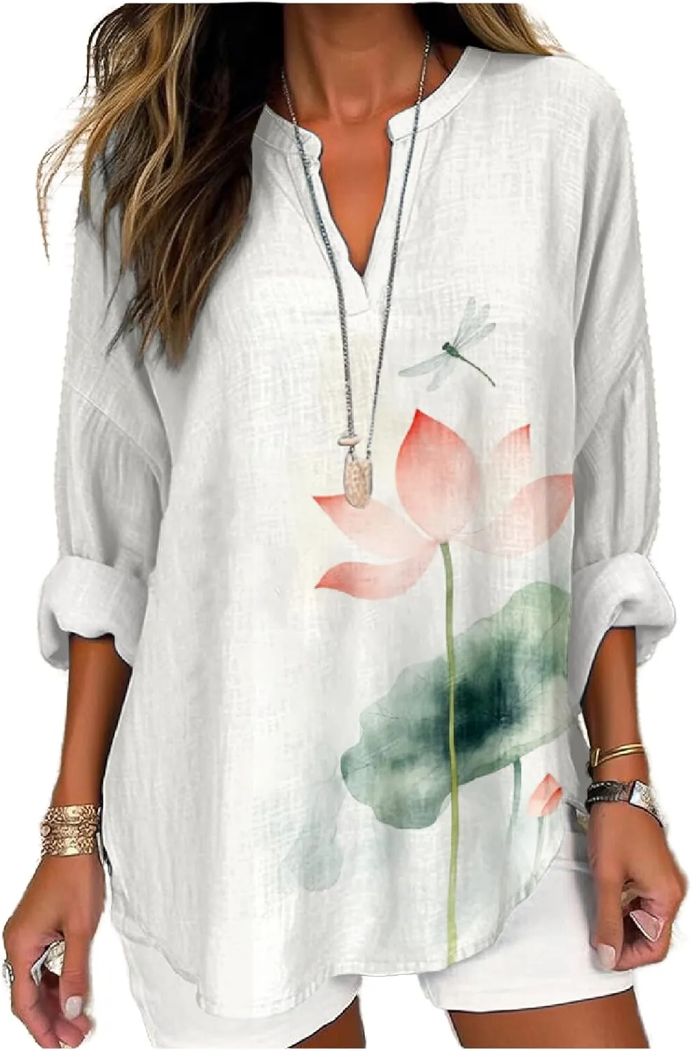 MARSVOVO V Neck Shirt For Women Boho Multi Style Blouse Long Sleeve Novelty Graphic Plus Size Pullover Tops For Women