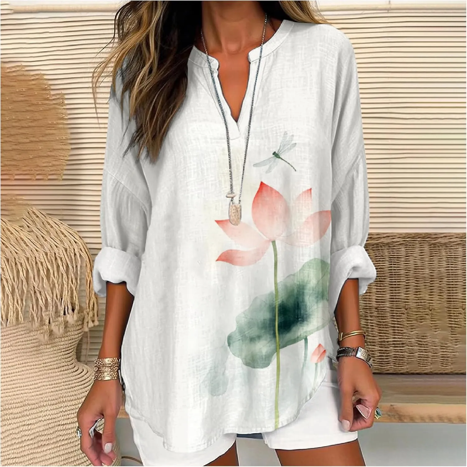 MARSVOVO V Neck Shirt For Women Boho Multi Style Blouse Long Sleeve Novelty Graphic Plus Size Pullover Tops For Women