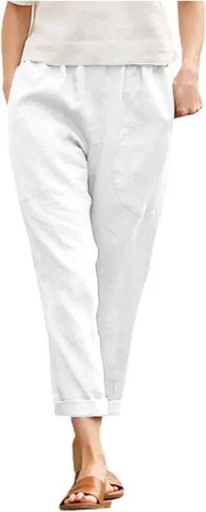 Maryia Women's Linen Cropped Ankle Pants Casual Loose Comfy Elastic Waist Yoga Summer Tapered Beach Trousers