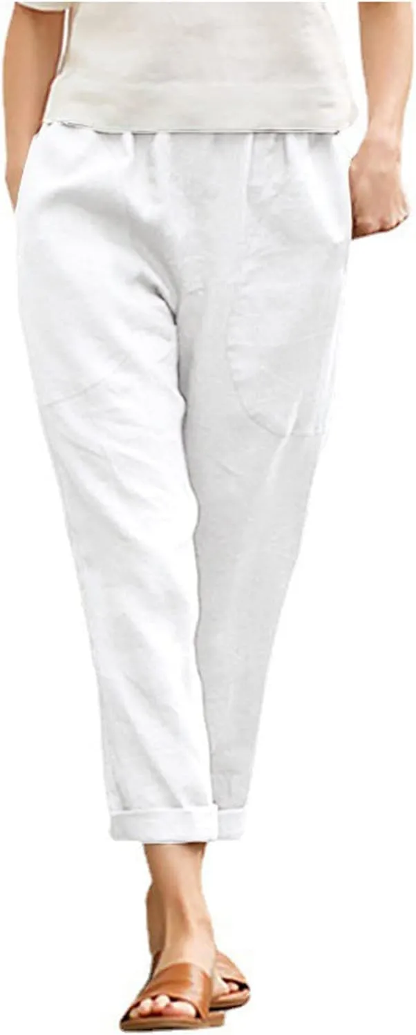 Maryia Women's Linen Cropped Ankle Pants Casual Loose Comfy Elastic Waist Yoga Summer Tapered Beach Trousers