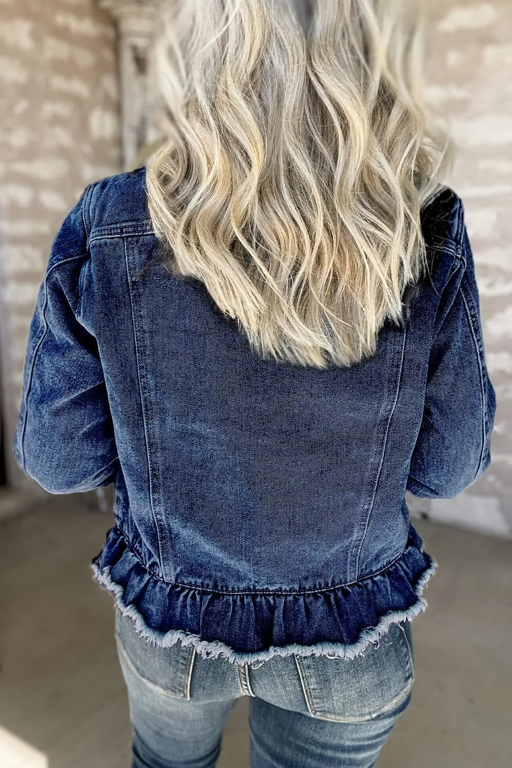 MARZXIN Womens Pocket Raw Hem Ruffle Denim Jackets Button Down Shirt Beau Blue Ruffle Raw Hem Flap Pockets Denim Jacket