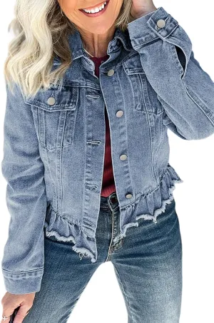 MARZXIN Womens Pocket Raw Hem Ruffle Denim Jackets Button Down Shirt Beau Blue Ruffle Raw Hem Flap Pockets Denim Jacket