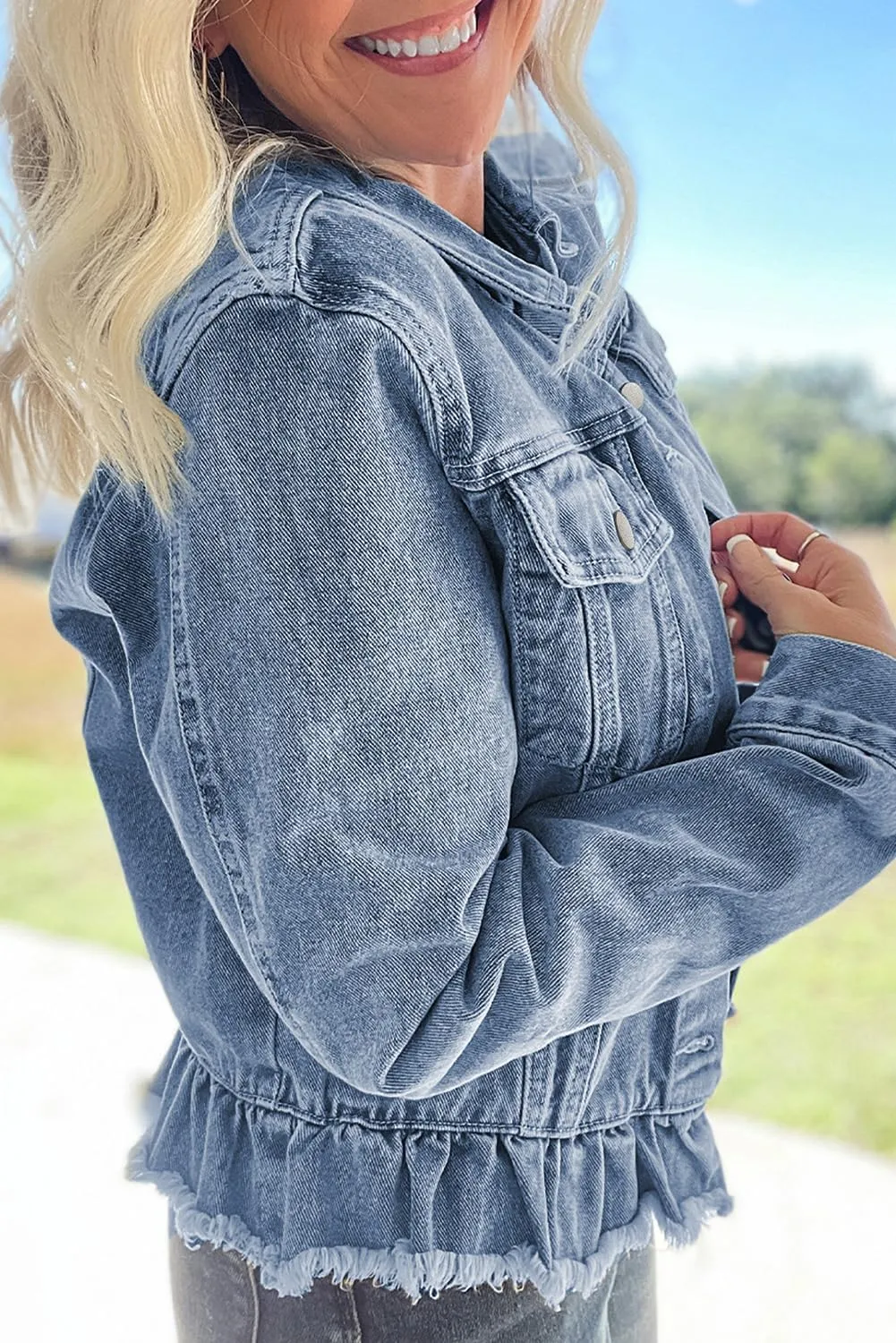 MARZXIN Womens Pocket Raw Hem Ruffle Denim Jackets Button Down Shirt Beau Blue Ruffle Raw Hem Flap Pockets Denim Jacket