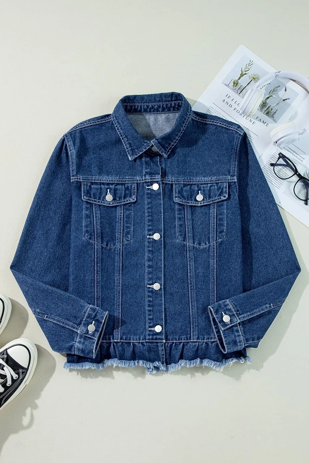 MARZXIN Womens Pocket Raw Hem Ruffle Denim Jackets Button Down Shirt Beau Blue Ruffle Raw Hem Flap Pockets Denim Jacket