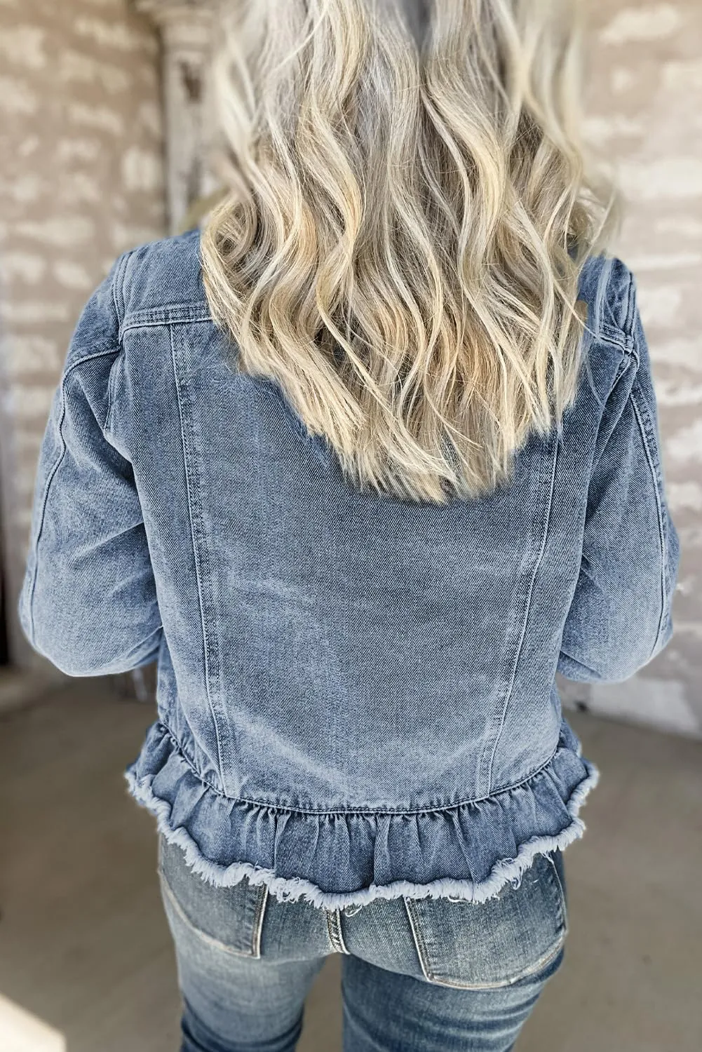 MARZXIN Womens Pocket Raw Hem Ruffle Denim Jackets Button Down Shirt Beau Blue Ruffle Raw Hem Flap Pockets Denim Jacket
