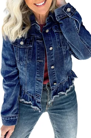 MARZXIN Womens Pocket Raw Hem Ruffle Denim Jackets Button Down Shirt Beau Blue Ruffle Raw Hem Flap Pockets Denim Jacket
