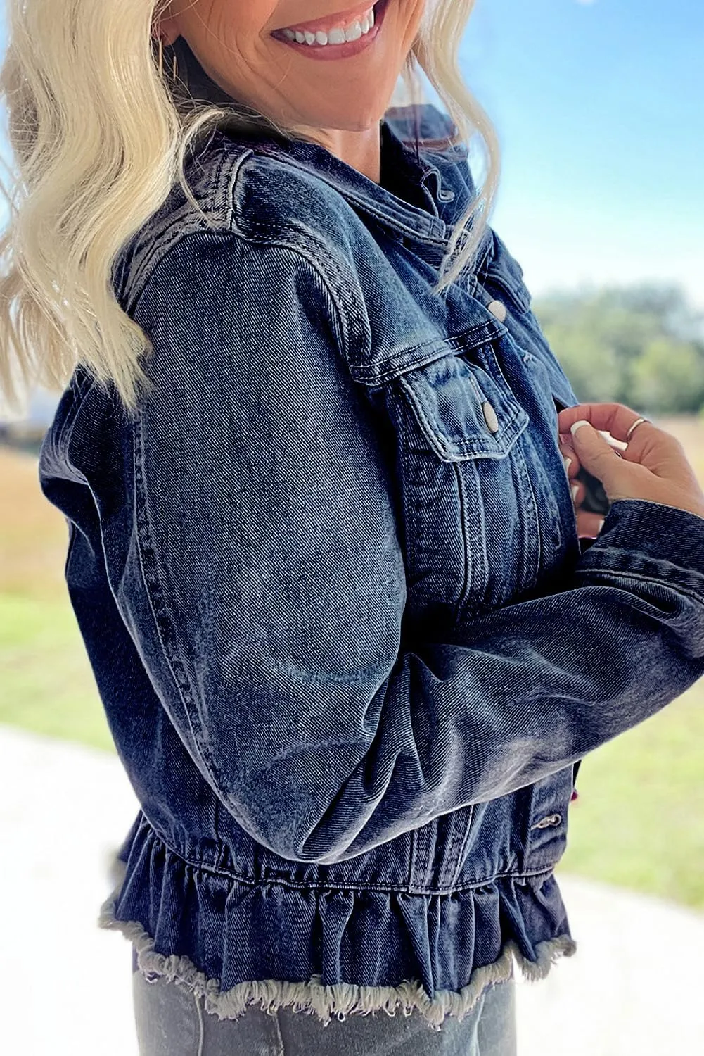 MARZXIN Womens Pocket Raw Hem Ruffle Denim Jackets Button Down Shirt Beau Blue Ruffle Raw Hem Flap Pockets Denim Jacket