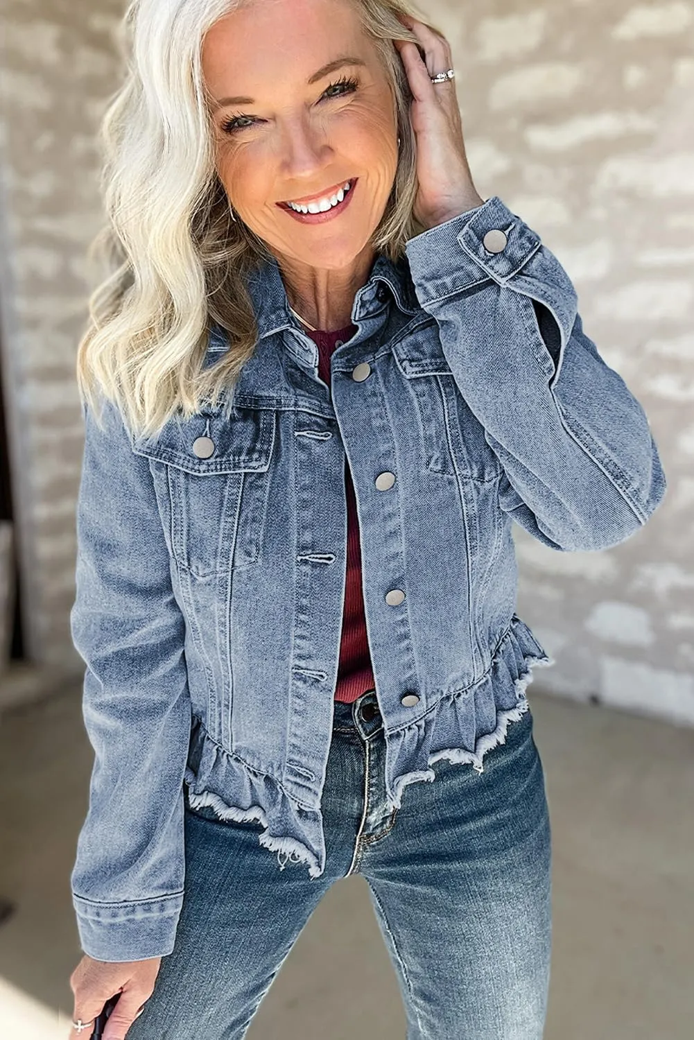 MARZXIN Womens Pocket Raw Hem Ruffle Denim Jackets Button Down Shirt Beau Blue Ruffle Raw Hem Flap Pockets Denim Jacket
